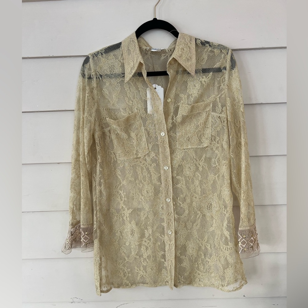 Maxou Tan Lace Button Up Shirt Sheer lace long sleeve blouse size 8